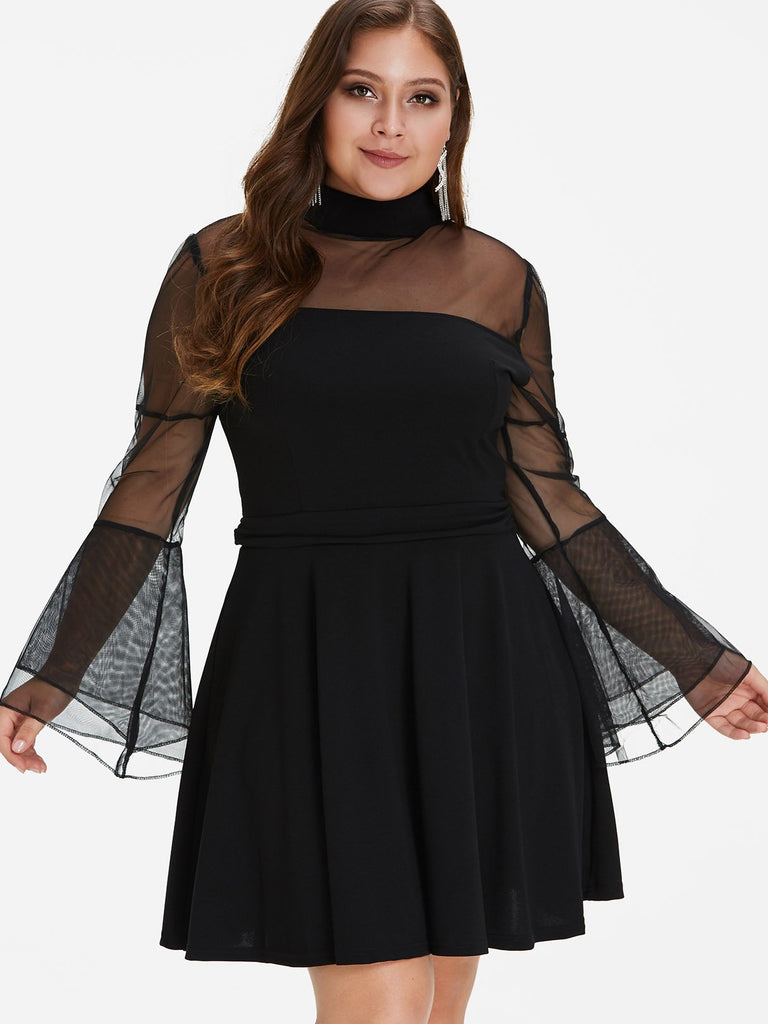 Classic Collar Plain See Through Long Sleeve Black Plus Size Dress