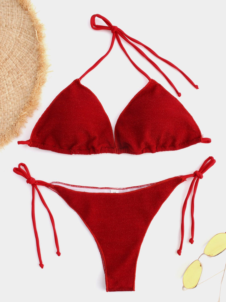 Red Halter V-Neck Tie-Up Bikinis