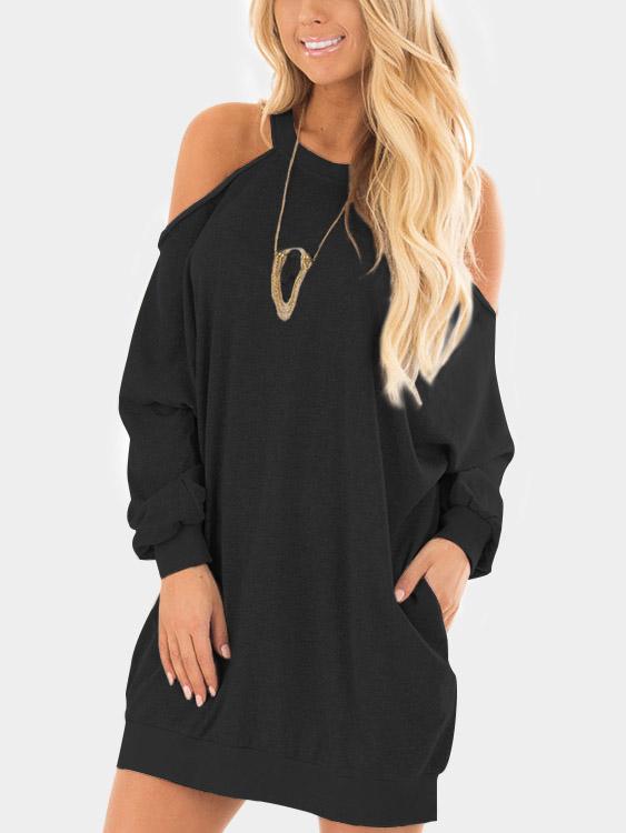 Black Cold Shoulder Long Sleeve Side Pockets Shirt Dresses