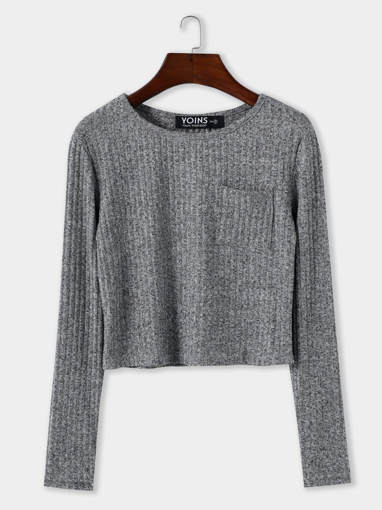 Pocket Design Round Neck Long Sleeves Knitted Top
