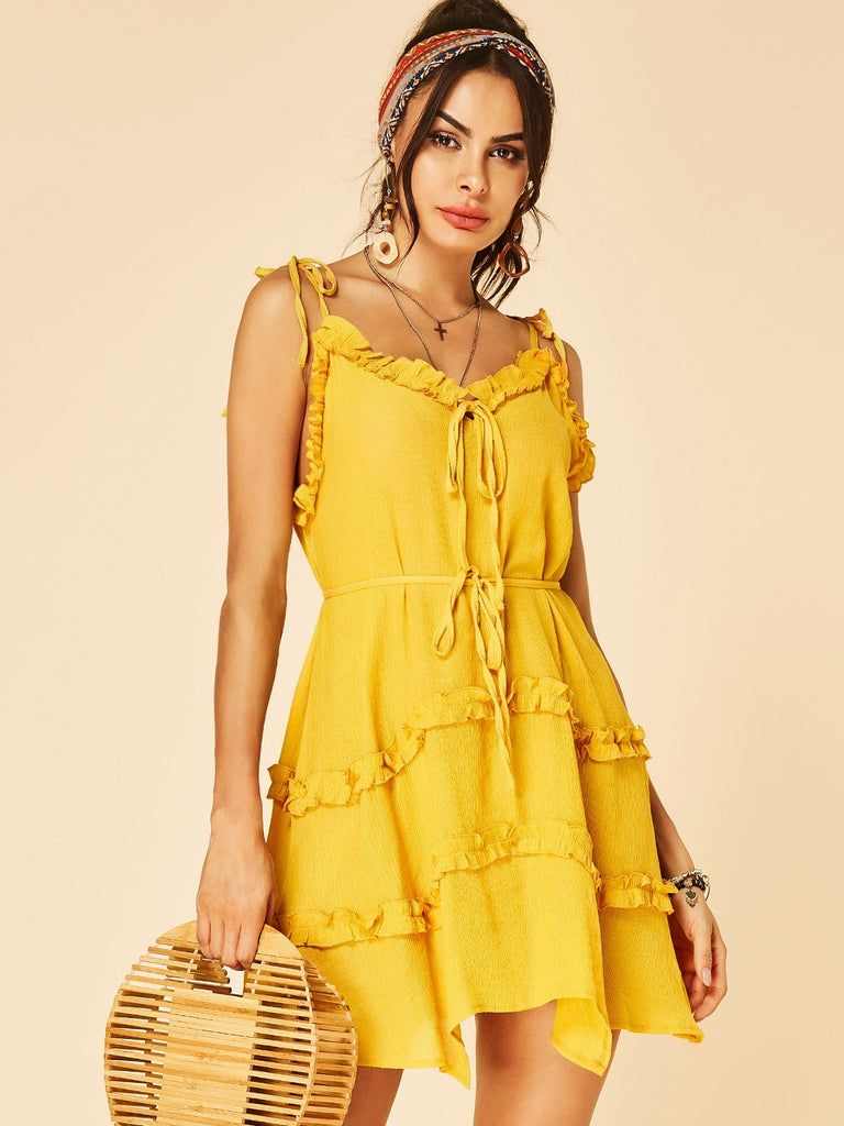 Yellow V-Neck Sleeveless Plain Spaghetti Strap Self-Tie Irregular Hem Dresses