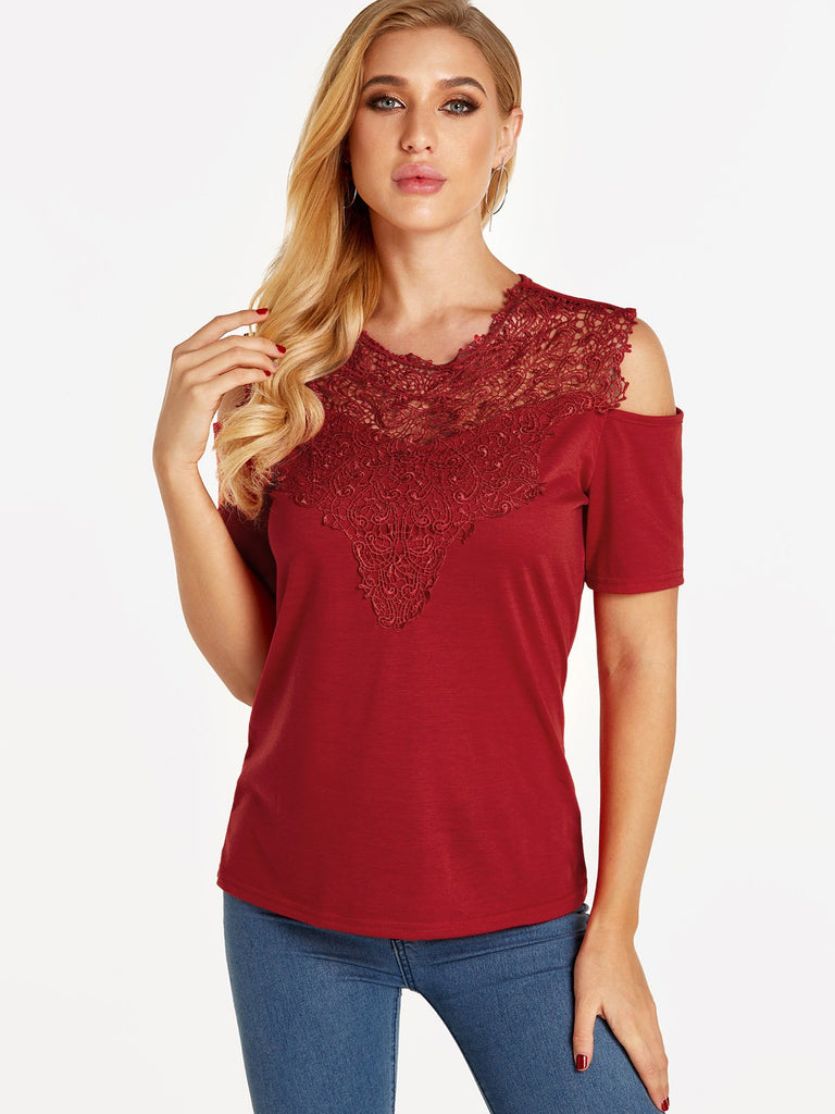 Crew Neck Cold Shoulder Plain Lace Cut Out Short Sleeve Red T-Shirts