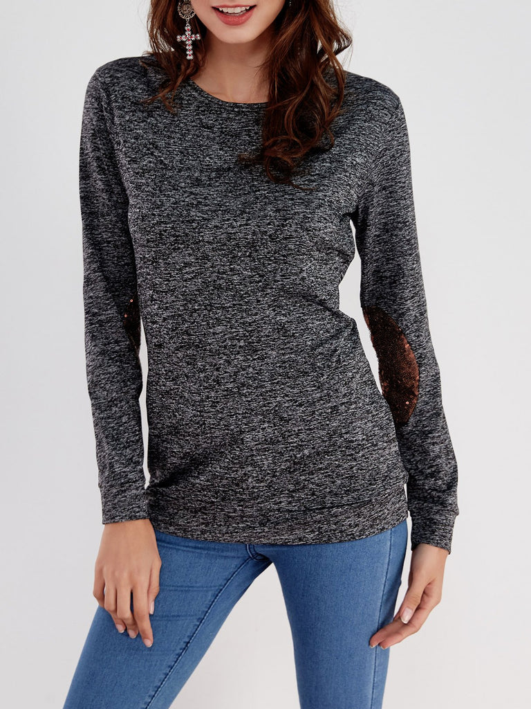Round Neck Plain Sequins Embellished Long Sleeve T-Shirts