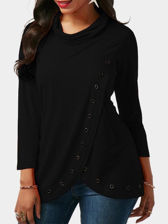 Roll Neck Slit Long Sleeve Black T-Shirts