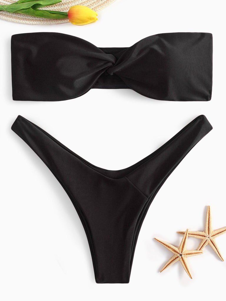 Black Off The Shoulder Sleeveless Crossed Front Bodycon 2 Piece Bikinis