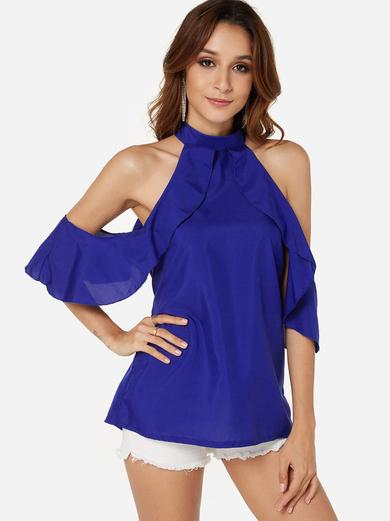 Halter Cold Shoulder Plain Cut Out Half Sleeve Flounced Hem Blouses