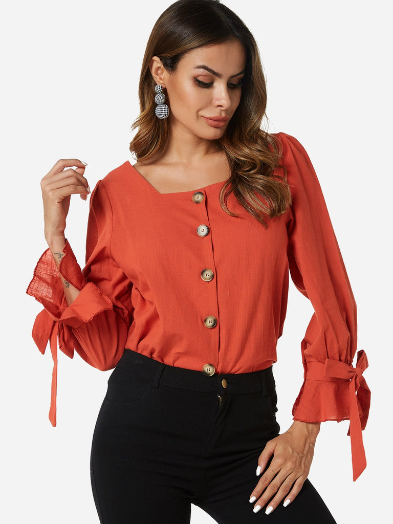 Square Neck Long Sleeve Rust Blouses