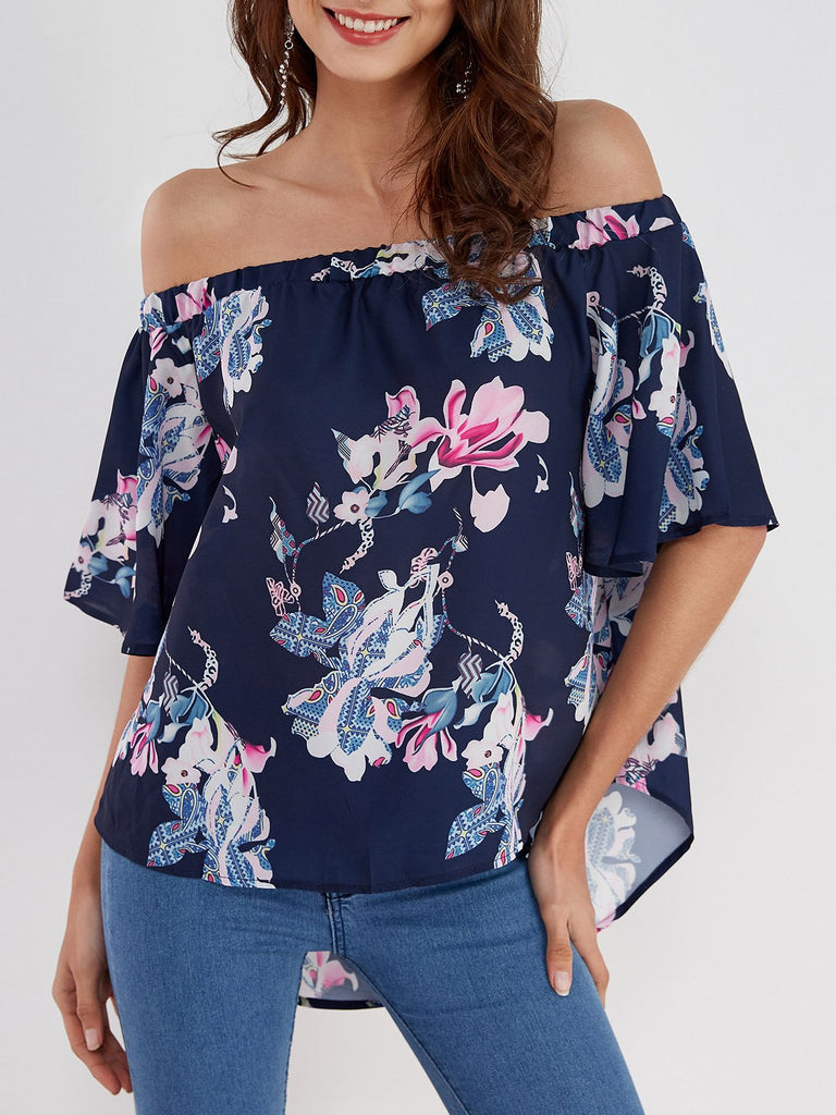 Off The Shoulder Floral Print Half Sleeve Blouses