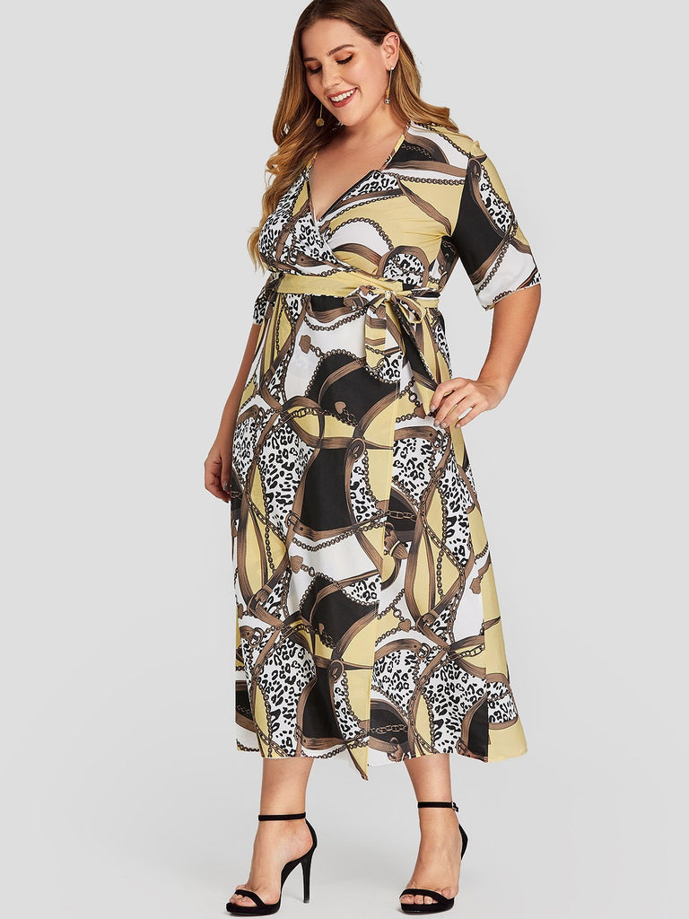 V-Neck Scarf Print Wrap Short Sleeve Plus Size Dress