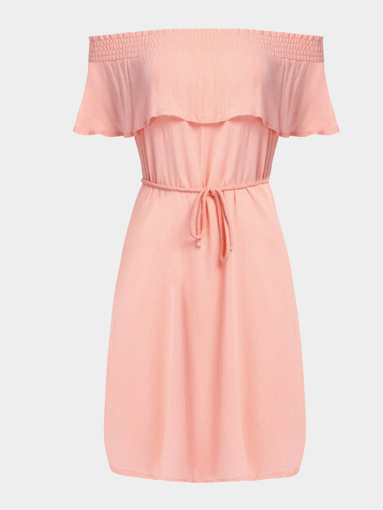 Pink Bateau Off The Shoulder Sleeveless Belt Mini Dress