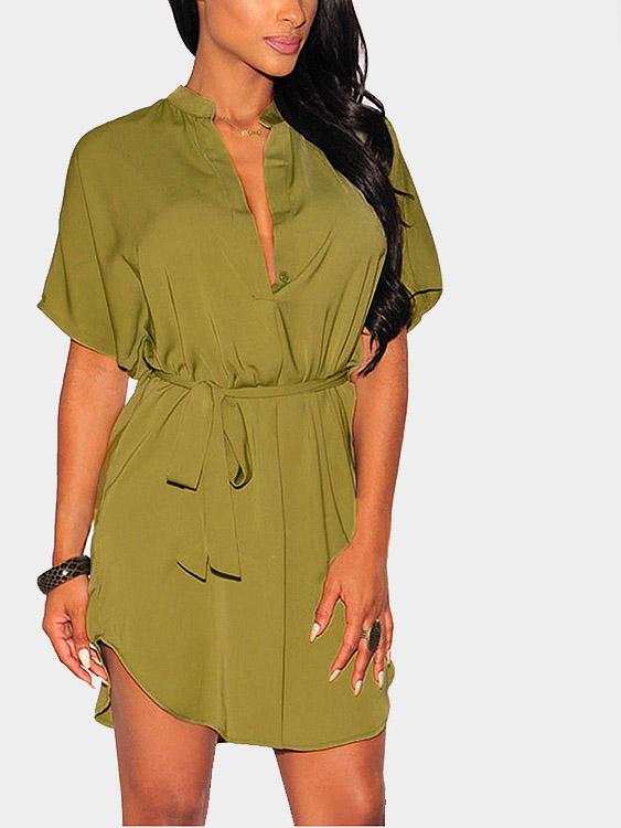 Dark Green V-Neck Curved Hem Mini Dress