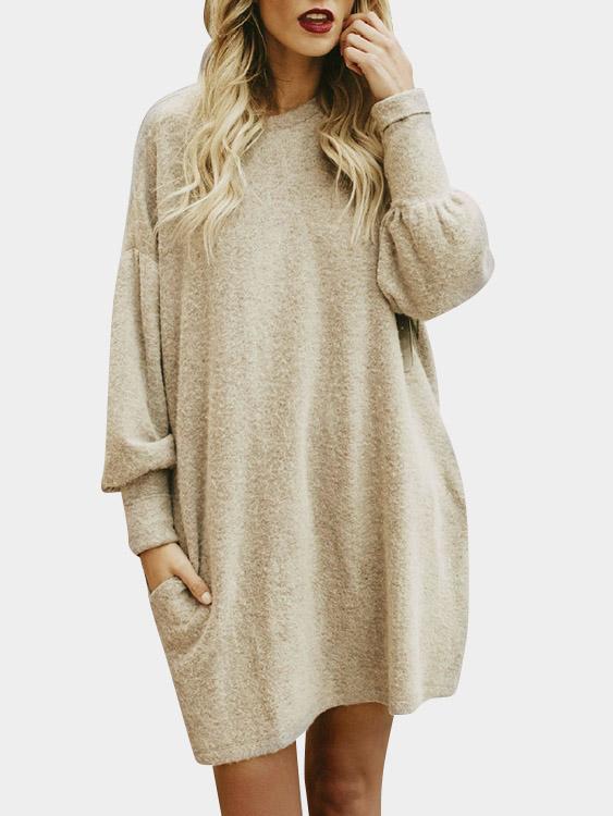 Beige Round Neck Side Pockets Mini Dress