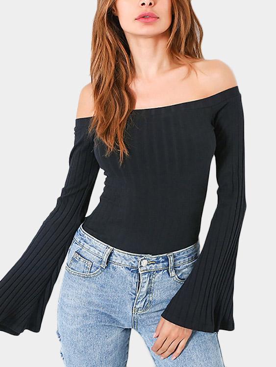 Off The Shoulder Long Sleeve Black T-Shirts