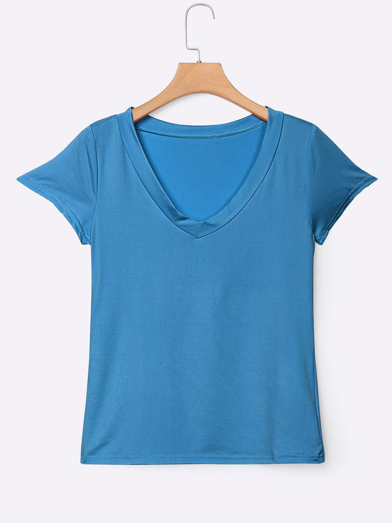 V-Neck Plain Short Sleeve Bodycon Hem T-Shirts