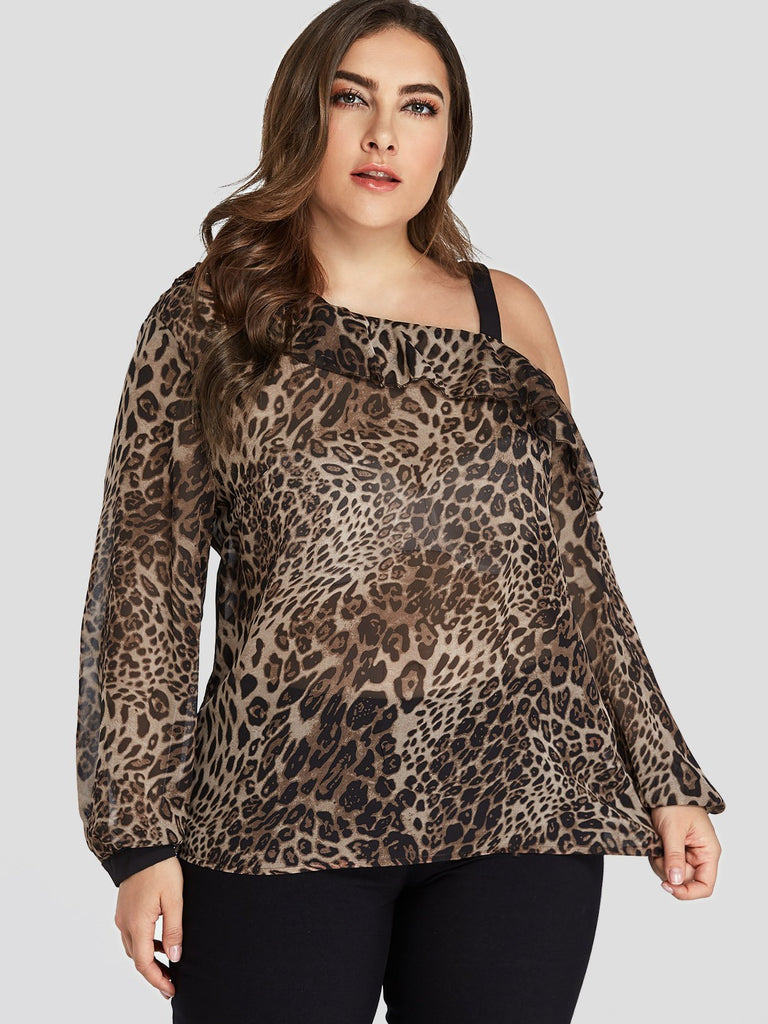 One Shoulder Leopard Long Sleeve Plus Size Tops