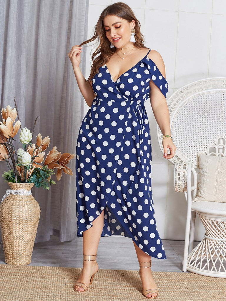 Cold Shoulder Deep V Neck Polka Dot Crossed Front Spaghetti Strap Self-Tie Short Sleeve Blue Plus Size Dress