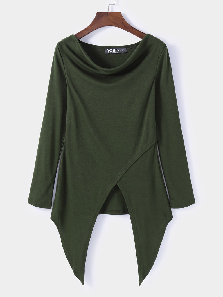 Round Neck Long Sleeve Irregular Hem Army Green Top