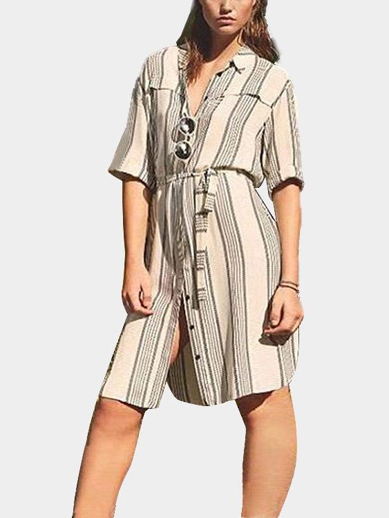 Classic Collar Half Sleeve Stripe Midi Dress