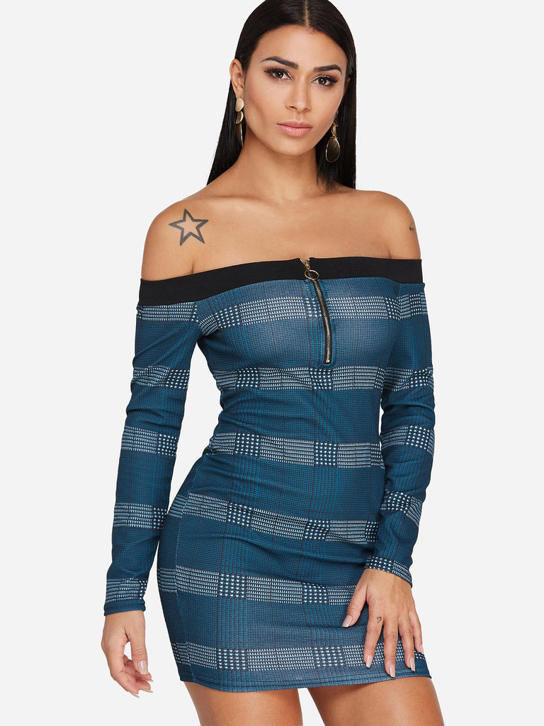 Off The Shoulder Long Sleeve Stripe Bodycon Dresses