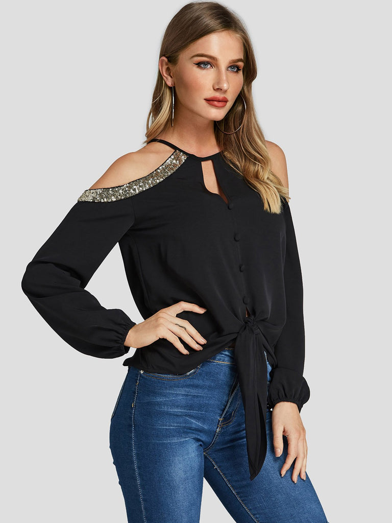 Cold Shoulder Plain Cut Out Sequins Embellished Self-Tie Long Sleeve Black Blouses