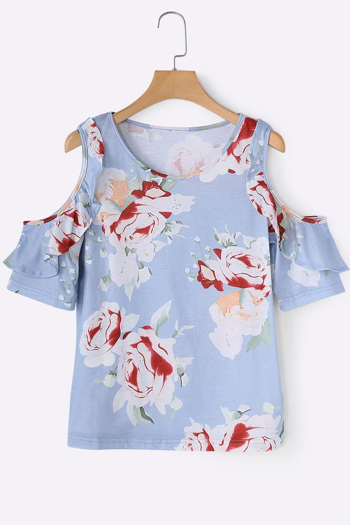 Round Neck Cold Shoulder Floral Print Short Sleeve Light Blue T-Shirts