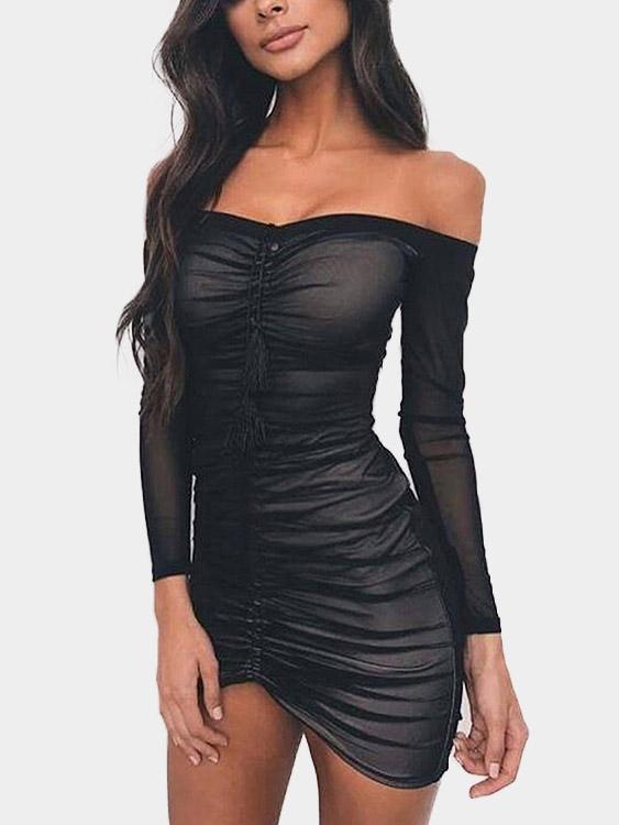 Black Off The Shoulder Long Sleeve Sheer Tassel Pleated Irregular Hem Mini Dress