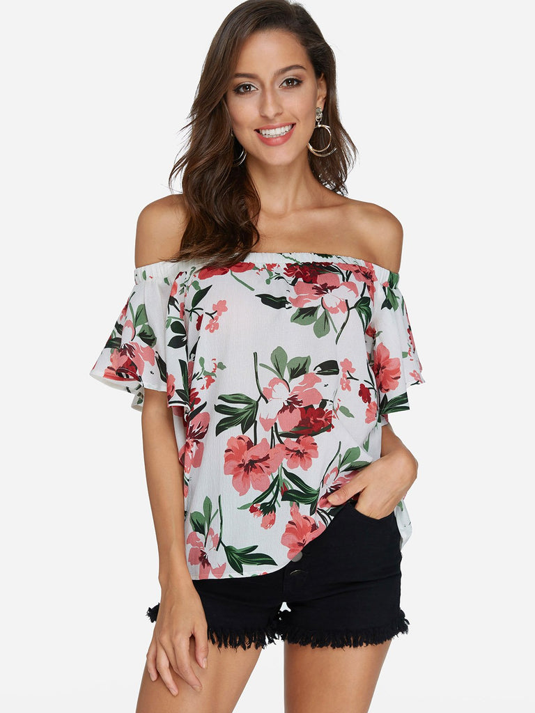 Off The Shoulder Floral Print Short Sleeve White Blouses