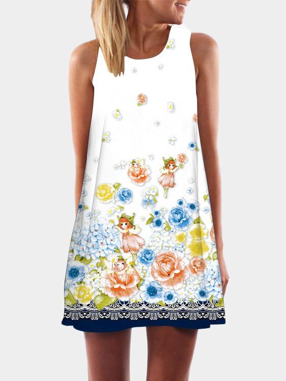 Round Neck Random Floral Calico Print Sleeveless Dresses