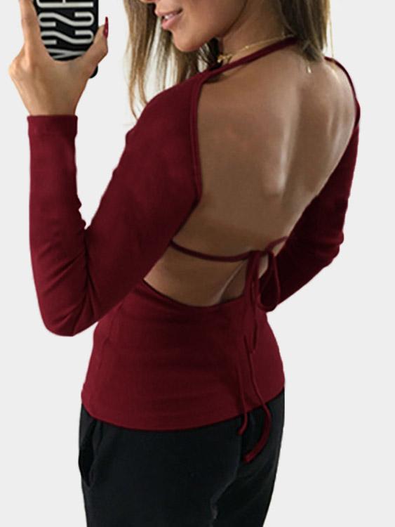Round Neck Plain Backless Long Sleeve Burgundy T-Shirts