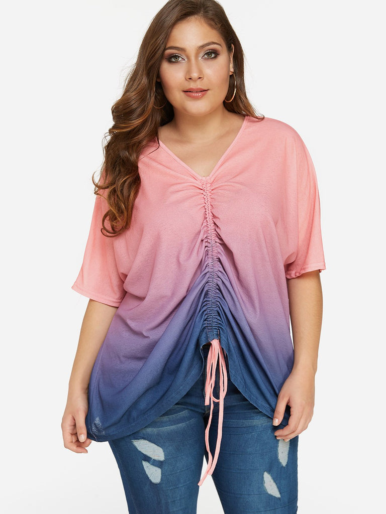 V-Neck Fantasy Colour Pleated Half Sleeve Plus Size Tops