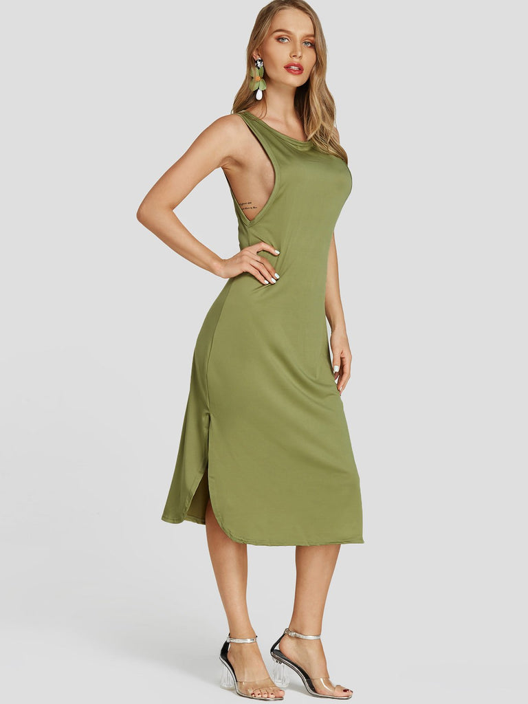 Army Green Scoop Neck Sleeveless Plain Slit Midi Dress