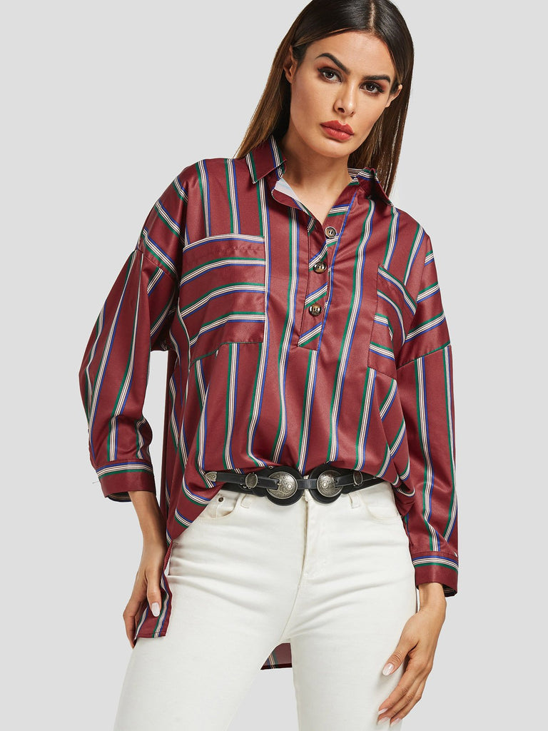 Classic Collar Stripe Long Sleeve Burgundy Blouses