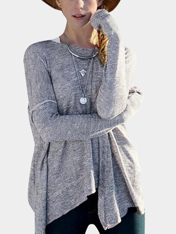 Round Neck Backless Long Sleeve Grey Tee