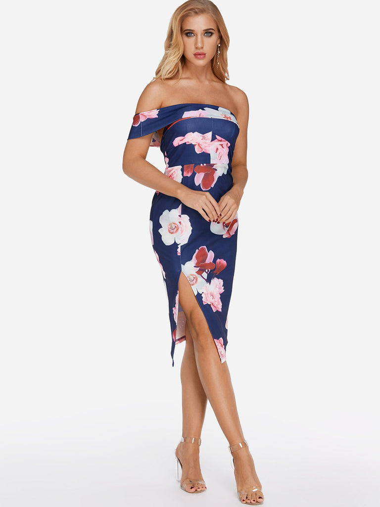 One Shoulder Short Sleeve Floral Print Backless Slit Hem Dresses