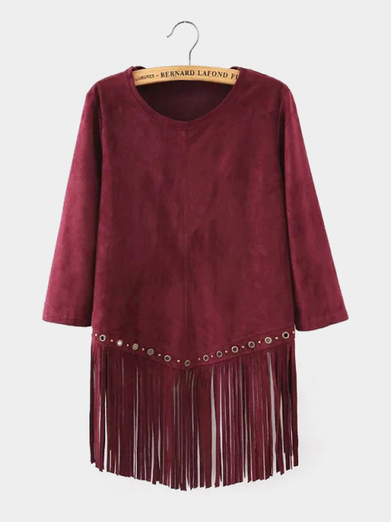 Round Neck Tassel 3/4 Sleeve Tassel Hem Burgundy Top