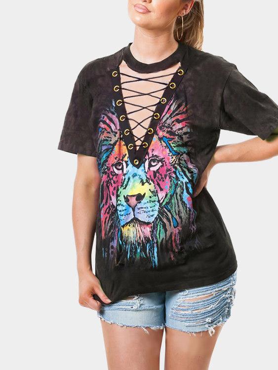 V-Neck Animal Lace-Up Short Sleeve Black T-Shirts