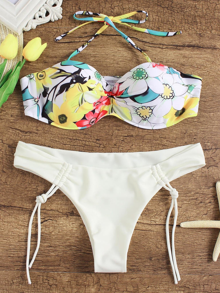 Halter Sleeveless Floral Print Backless Tie-Up Two Piece Bikinis