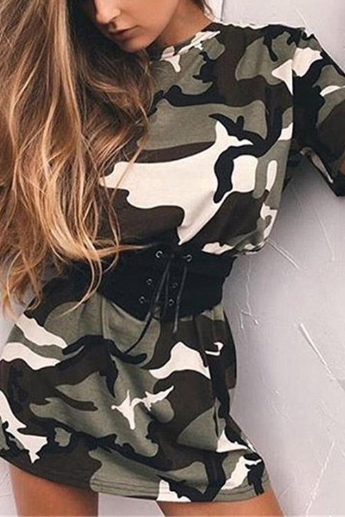 Camo Round Neck Short Sleeve Camouflage Mini Dresses