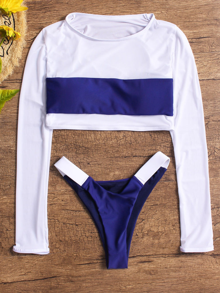 Round Neck Stripe Long Sleeve White Bikinis