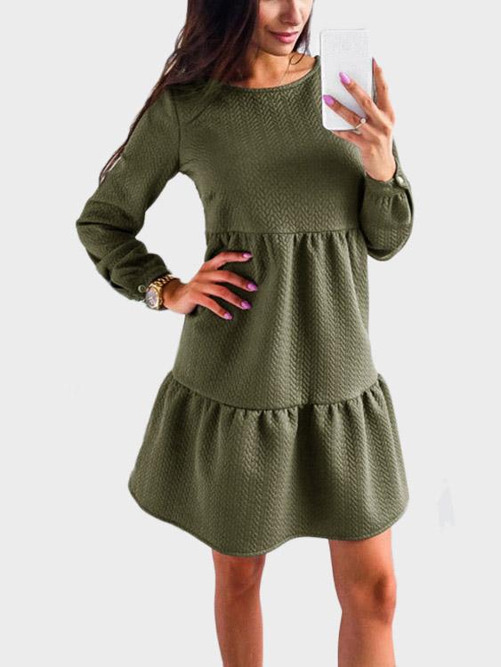 Green Round Neck Long Sleeve Mini Dress