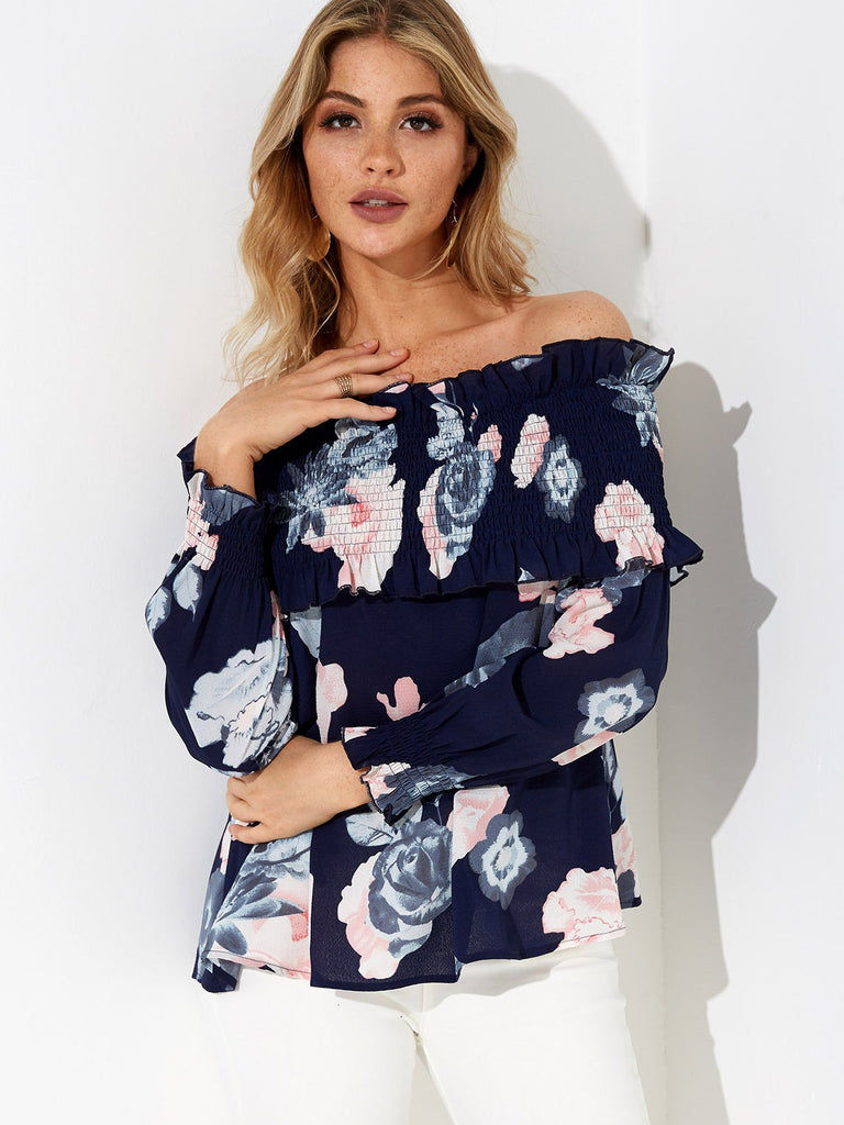 Off The Shoulder Floral Print Long Sleeve Navy Blouse
