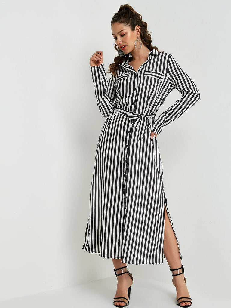 Classic Collar Stripe Belt Long Sleeve Black Shirt Dresses