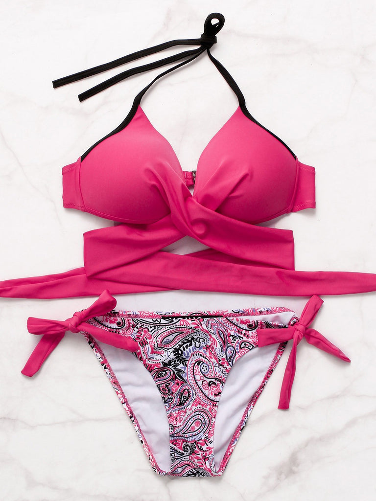 Halter Sleeveless Crossed Front Lace-Up Tie-Up Bikinis