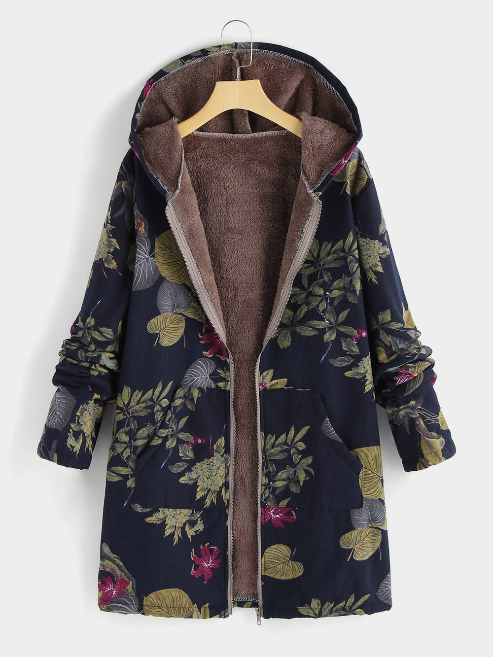 Floral Print Zip Back Hooded Long Sleeve Plus Size Coats & Jackets
