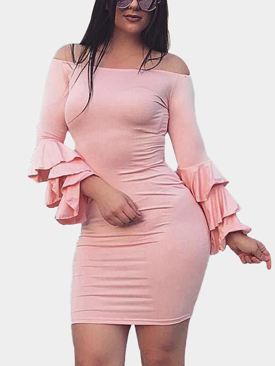 Pink Off The Shoulder Long Sleeve Plain Bodycon Fashion Mini Dress