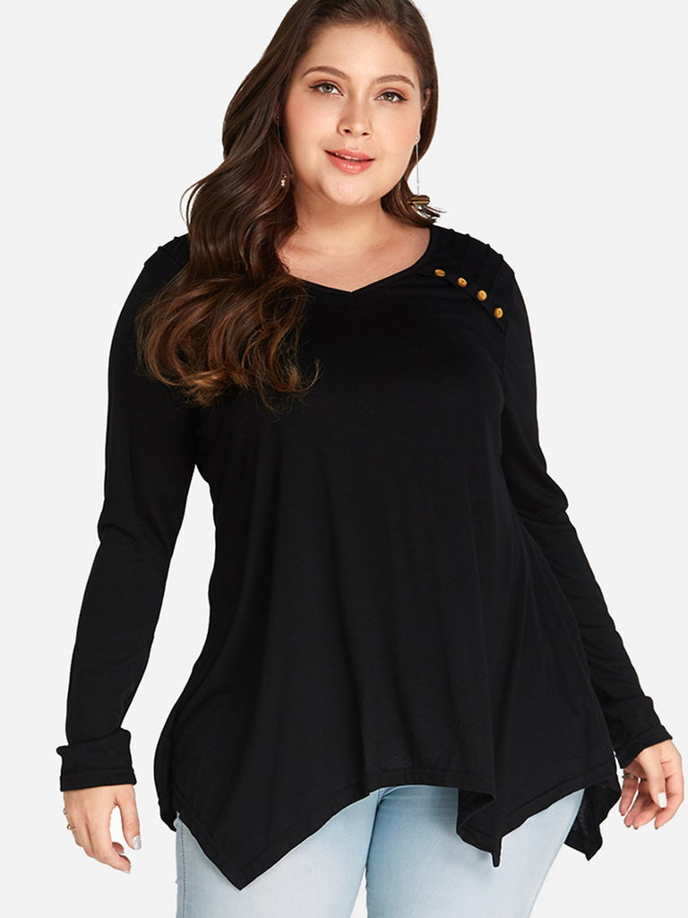 V-Neck Plain Long Sleeve Handkerchief Hem Plus Size Tops