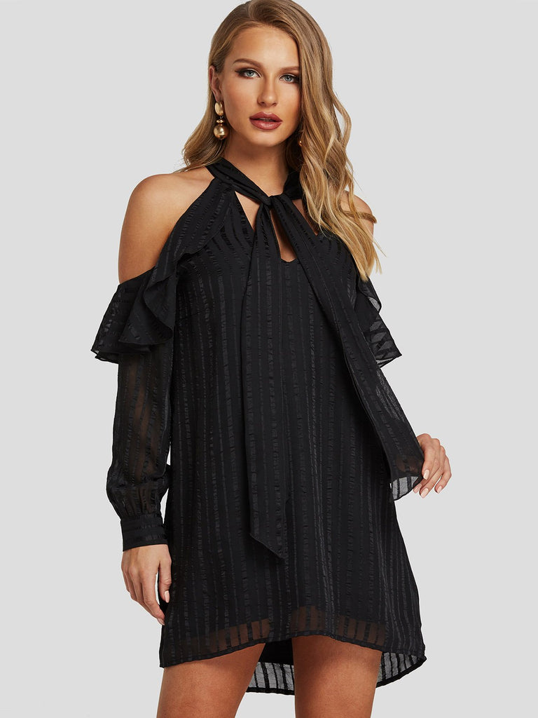 Black Cold Shoulder Long Sleeve Tiered Self-Tie Mini Dresses