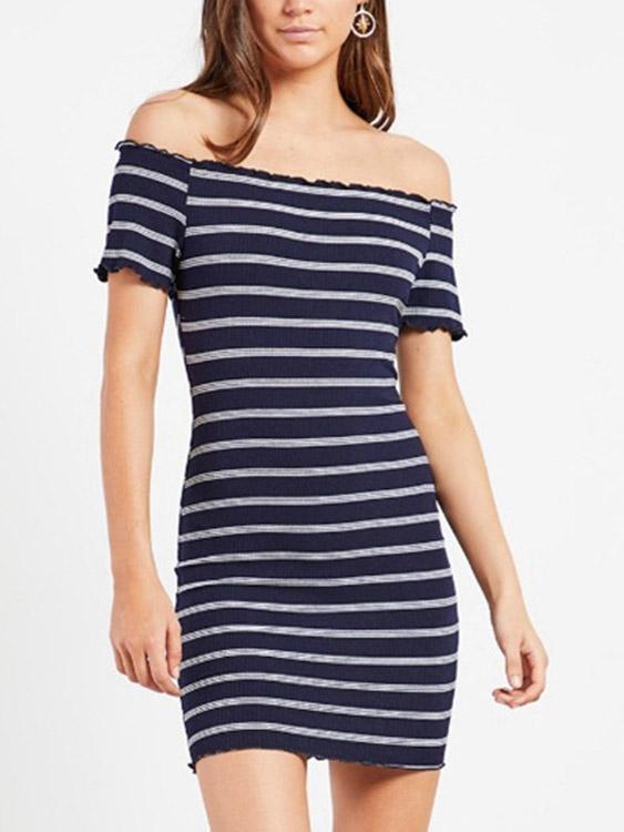 Blue Off The Shoulder Short Sleeve Stripe Flounced Hem Mini Dress