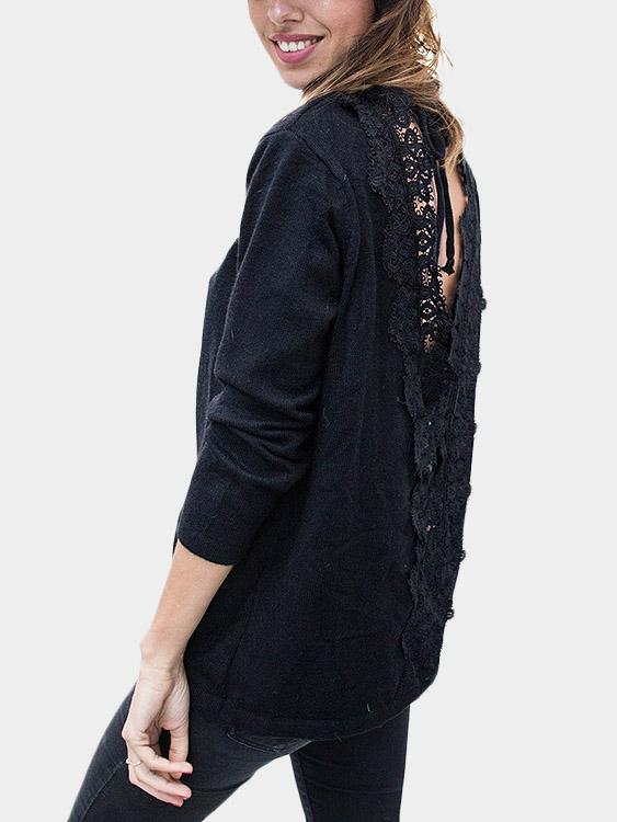 Round Neck Lace Long Sleeve Black T-Shirts