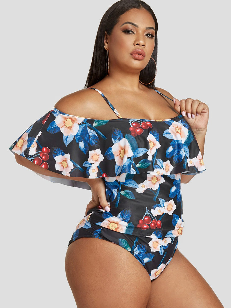 One Shoulder Floral Print Half Sleeve Black Plus Size Swimwear